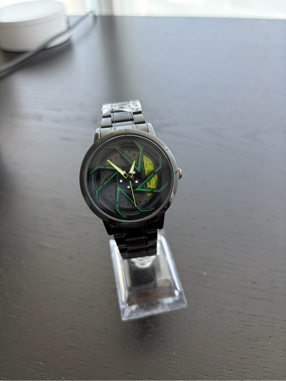 Black Stainless Steel Watch with Green Accents